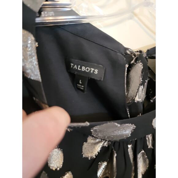 Talbots Women's Clip Dot Tie Back Top Festival Concert Black Silver Size Large - Picture 3 of 8